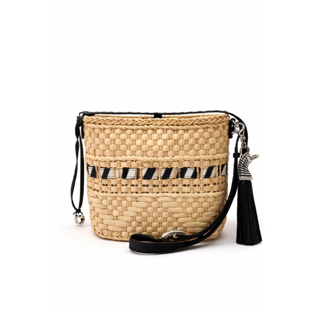 Brighton Womens Shoulder Bag Natural Woven Straw Black Leather Trim Zebra Tassel